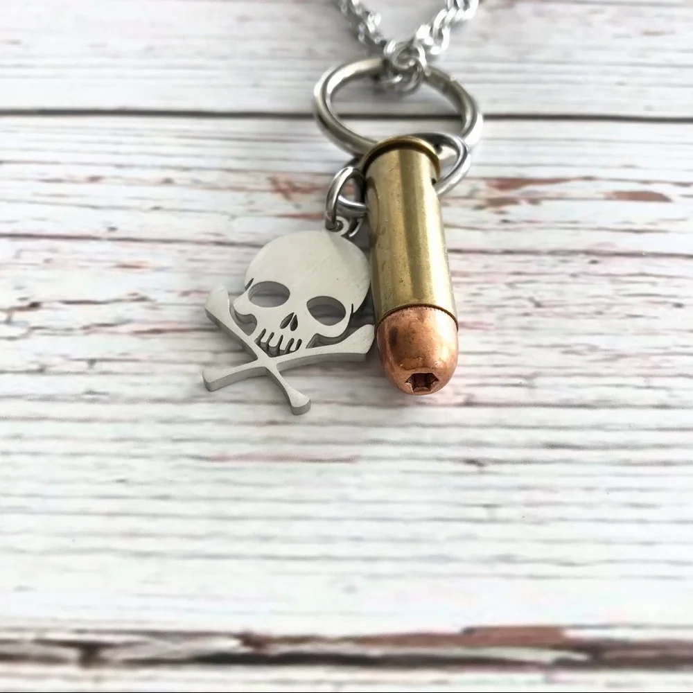 🆕38 Special Hollow Point with Skull Pendant Necklace Stainless Steel